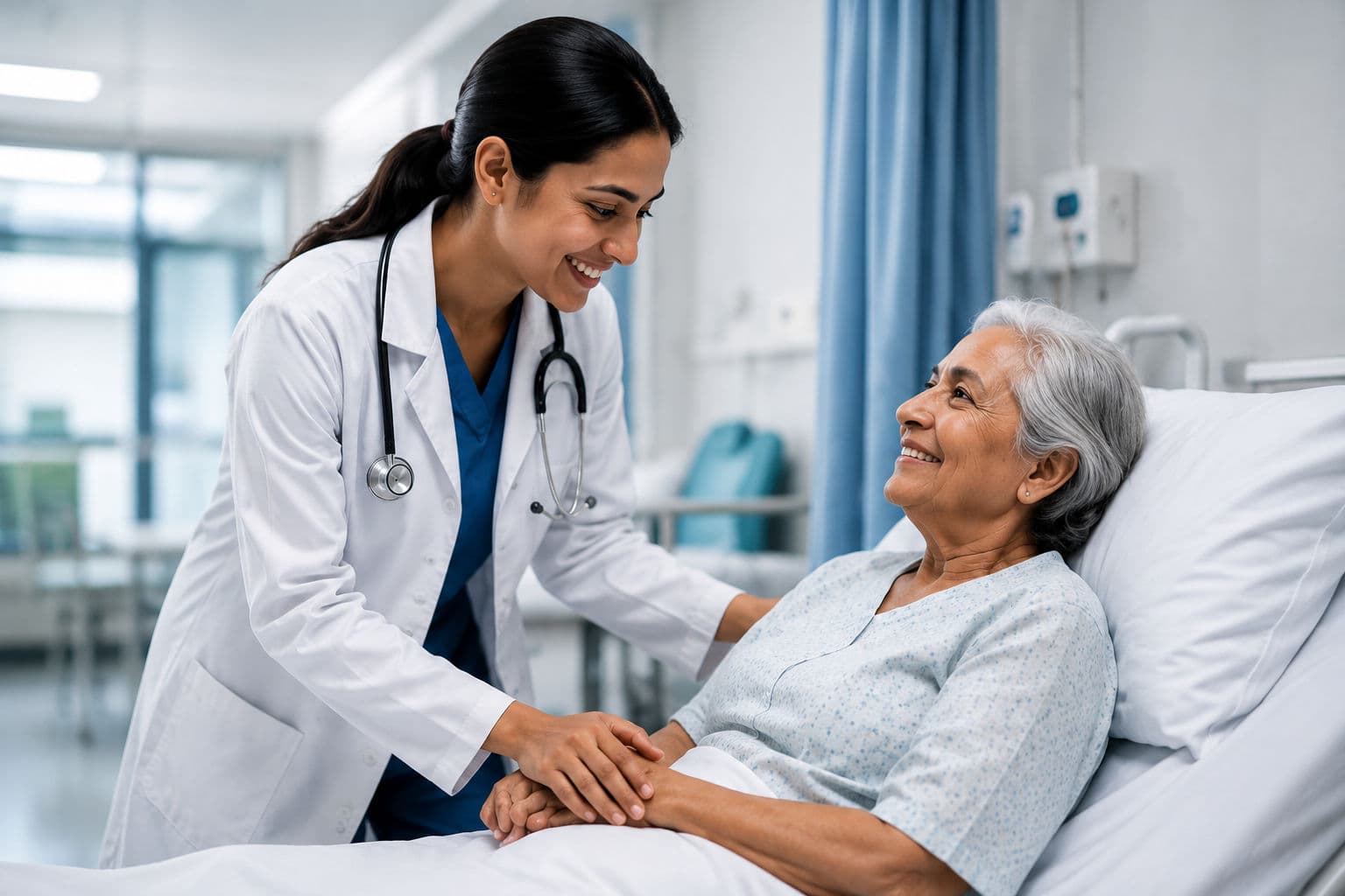 Doctor caring for an elderly patient in a bright hospital room